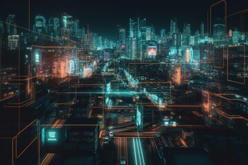 City of tomorrow illuminated by neon lights. Generative AI - obrazy, fototapety, plakaty