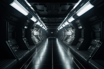 3D metal sci-fi corridor lit by spotlight. Generative AI