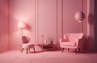 a pink sofa chair and lamp on a pink background in a pink-themed room. generative ai.