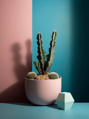 A cactus in a pot in front of a pink and blue wall. generative ai.