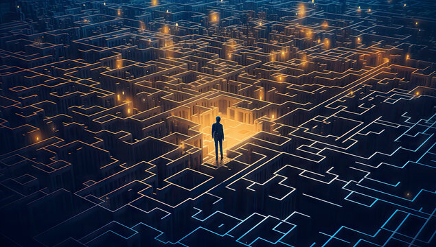 A man standing in the middle of a lit-up maze with yellow light. generative ai.