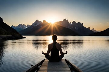 Naklejka na ściany i meble silhouette of a person doing yoga meditation on a lake, generative ai