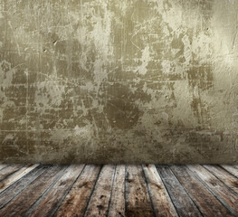Empty interior scene with stucco wall and wooden floor. Open space with concrete wall and wooden floor. Mock-up with copy space. Grunge interior background