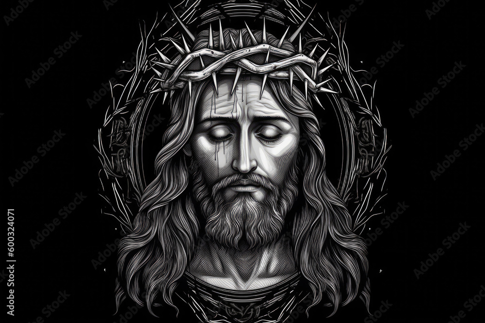 Wall mural Jesus Christ Tattoo ,Jesus Christ wearing a crown of thorns. Symbol of Christianity, prayer, religion t-shirt design. digital art, generative AI