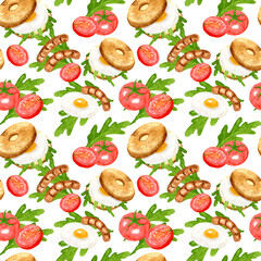 Seamless pattern from bagel, sandwich with egg, sausages, tomatoes and herbs. Hand drawn watercolor illustration on white background. Delicious breakfast. Template for decoration design menu.