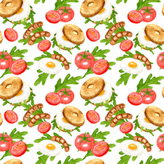 Seamless pattern from bagel, sandwich with egg, sausages, tomatoes and herbs. Hand drawn watercolor illustration on white background. Delicious breakfast. Template for decoration design menu.