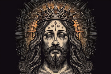 Fototapeta premium Jesus Christ Tattoo ,Jesus Christ wearing a crown of thorns. Symbol of Christianity, prayer, religion t-shirt design. digital art, generative AI