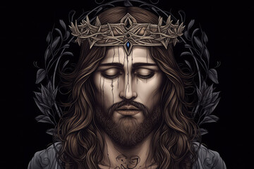 Jesus Christ Tattoo ,Jesus Christ wearing a crown of thorns. Symbol of Christianity, prayer, religion t-shirt design. digital art, generative AI