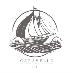 Caravelle on the water Logo vintage emblem. Old retro vector illustration marine navy icon.
