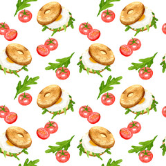 Seamless pattern from bagel, sandwich with egg, tomatoes and herbs. Hand drawn watercolor illustration on white background. Template for design menu, textiles, printing, packaging.