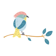 Spring funny bird on a branch with leaves