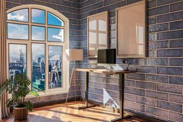 modern standing desk pc workplace in daylight downtown skyline office; home decoration desing and home office concept; 3D Illustration