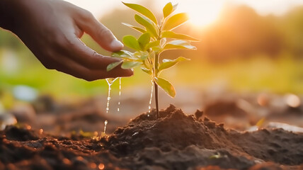 close up two hands holding water and watering young tree to growing up in park in sunset, Generative ai.