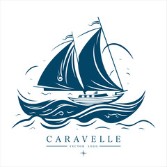 Caravelle on the water Logo vintage emblem. Old retro vector illustration marine navy icon.