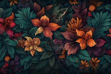 Deurstickers wallpaper pattern with colorful flowers and leaves. 3d interior mural painting wall art decor wallpaper. floral pattern nature plant with bright color flowers illustration background.  © Yan