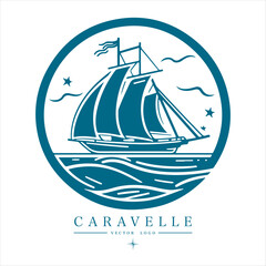 Caravelle on the water Logo vintage emblem. Old retro vector illustration marine navy icon.