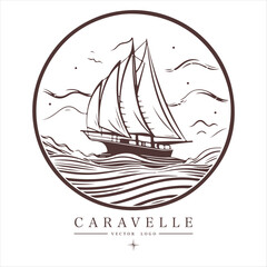 Caravelle on the water Logo vintage emblem. Old retro vector illustration marine navy icon.