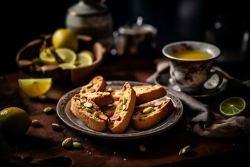 Delicious Italian cantuccini cookies with pistachios and lemon, served with a cup of tea for a healthy break. Homemade and organic. Generative AI - obrazy, fototapety, plakaty