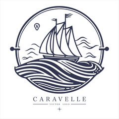 Caravelle on the water Logo vintage emblem. Old retro vector illustration marine navy icon.