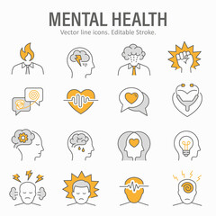 Mental health icons such as stress, anxiety, therapy, anger and more. Vector illustration isolated on white. Editable stroke. - obrazy, fototapety, plakaty