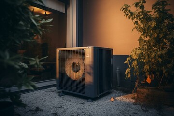 Installation of modern air source heat pump. Generative AI