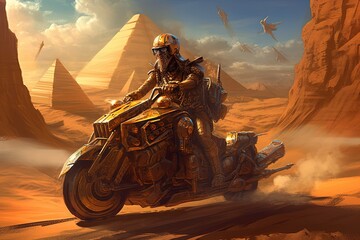 Alien Egyptian pharaoh in his war chariot chopper car charging into battle, pyramids and desert background illustration generative ai