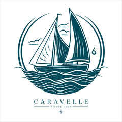 Caravelle on the water Logo vintage emblem. Old retro vector illustration marine navy icon.