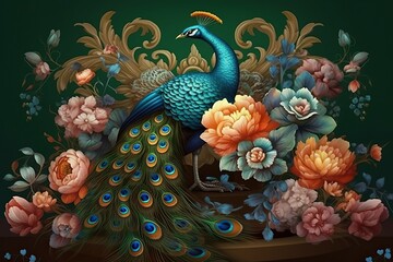 bright color floral with exotic oriental pattern flowers and peacocks illustration background. 3d abstraction wallpaper for interior mural wall art decor.