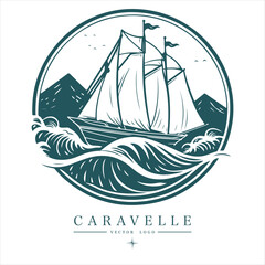 Caravelle on the water Logo vintage emblem. Old retro vector illustration marine navy icon.