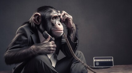 Monkey man talking on the phone and showing thumbs up, black background . generative ai