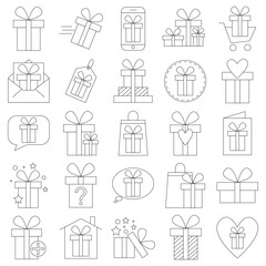 A simple gift set of Linked vector line icons. Boxes, gifts with bows. Holiday and celebration.