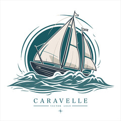Caravelle on the water Logo vintage emblem. Old retro vector illustration marine navy icon.