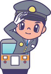 列車から敬礼する車掌