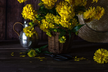 Fototapeta na wymiar Bouquet of yellow color vivid dahlia flowers in a vase in dark brown wooden background, still life with yellow flowers in rustic style