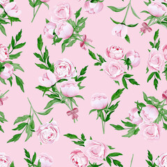 Watercolour flowers, peonies on pink background. Seamless floral pattern-258.