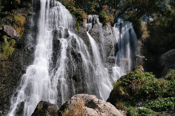 View of Shaki waterfall on sunny summer day. Syunik Province, Armenia.