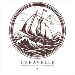 Caravelle on the water Logo vintage emblem. Old retro vector illustration marine navy icon.