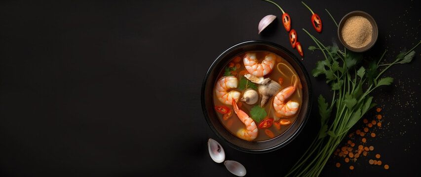 Tom yum kung, spicy thai soup with shrimp in a black bowl, top view, ai illustration 