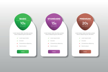 Pricing table concept design template for business. Subscription plan. Web hosting or service.