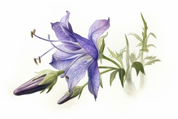 Hand-drawn watercolor bellflower for greeting cards, wedding invites and decor. Herbaceous floral isolated on white. Summer wildflower. Generative AI
