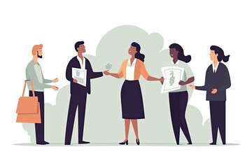 Obraz premium Diverse businesspeople with money in hands offer funding to successful businesswoman