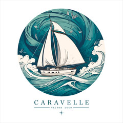 Caravelle on the water Logo vintage emblem. Old retro vector illustration marine navy icon.