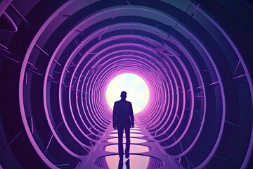 Futuristic 3D render a businessmen standing in the center of a glossy tunnel in an outer space against nebula