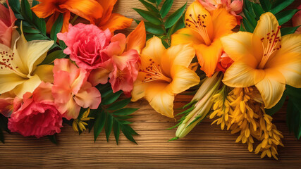 A Stunning bunch of summer tropical flowers with leaf leaves Border surrounding on a orange yellow vintage wooden background. Generative AI