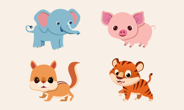 Four cute cartoon animals, tiger, pig, elephant, squirrel, vector illustration