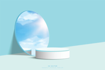 3d white blue podium display. cylinder pedestal or stage for showcase with cloud, sky and sun in circle mirror glass leaning on wall. outdoor scene design for mockup or product presentation.