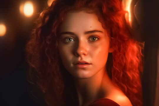 A hyperrealistic portrayal of a woman with stunning red hair, evoking a sense of fantasy. generative AI.