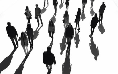 Silhouettes of walking black people on white background. AI generative technology.