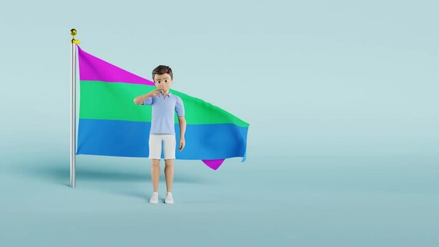Male animation character waving his hand in front of the Polysexual pride flag in a blue background.