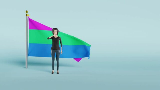 Female character standing in front of the Polysexual pride flag and waving her hand animation video 4K